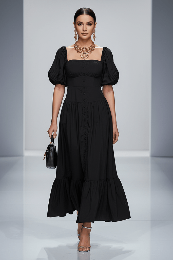 Puff Sleeve A - Line Maxi Casual Dress by Shine | Maxi Casual Dress from Luxe Lane | SKU: -1 | Barcode:  | Options: Black S(2) | Puff Sleeve A - Line Maxi Casual Dress