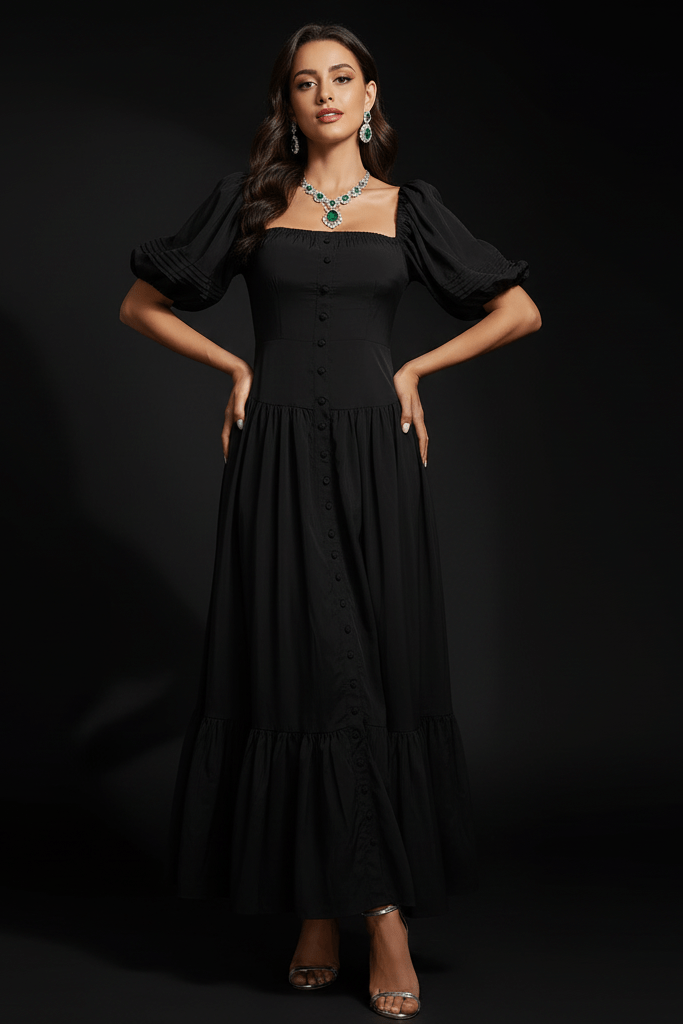 Puff Sleeve A - Line Maxi Casual Dress by Shine | Maxi Casual Dress from Luxe Lane | SKU: -1 | Barcode:  | Options: Black S(2) | Puff Sleeve A - Line Maxi Casual Dress