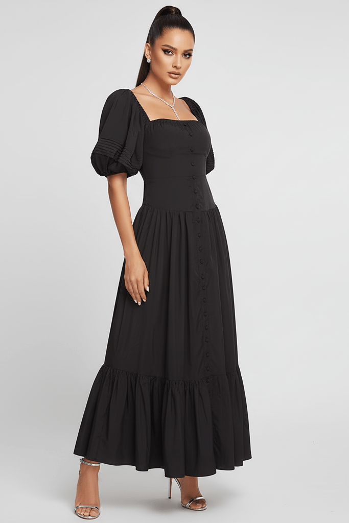 Puff Sleeve A - Line Maxi Casual Dress by Shine | Maxi Casual Dress from Luxe Lane | SKU: -1 | Barcode:  | Options: Black S(2) | Puff Sleeve A - Line Maxi Casual Dress