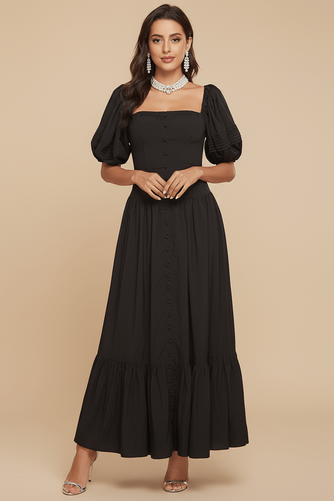 Puff Sleeve A - Line Maxi Casual Dress by Shine | Maxi Casual Dress from Luxe Lane | SKU: -1 | Barcode:  | Options: Black S(2) | Puff Sleeve A - Line Maxi Casual Dress