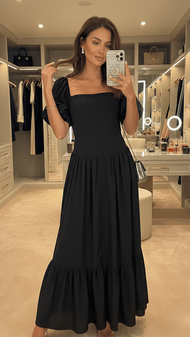 Puff Sleeve A - Line Maxi Casual DressMaxi Casual DressBlackS(2)Luxe Lane