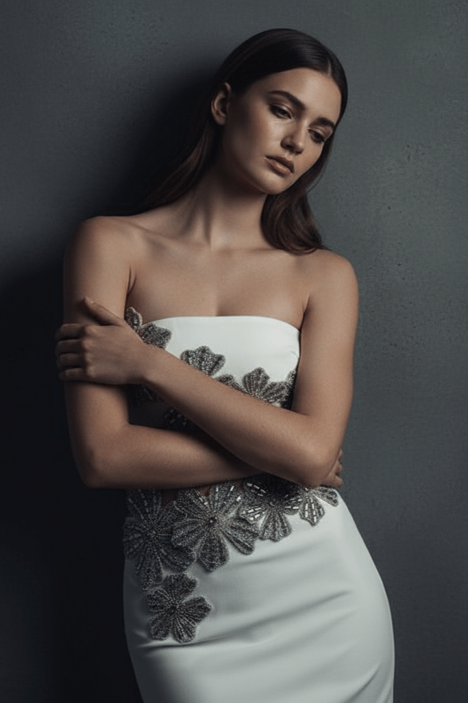 Radiance Bloom Set by Luxe Lane | 2 piece shorts set from Luxe Lane | SKU:  | Barcode:  | Options: Red S | Woman wearing a white strapless dress with silver floral embroidery against a dark background