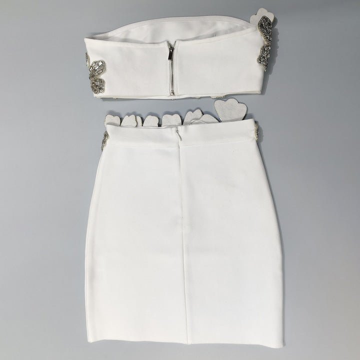 Radiance Bloom Set by Luxe Lane | 2 piece shorts set from Luxe Lane | SKU:  | Barcode:  | Options: Red S | New Trendy Clothes 2025 Elegant White Strapless Two Piece Set Silver Rhinestone Flower Party Evening Mini Skirt Outfit for Women