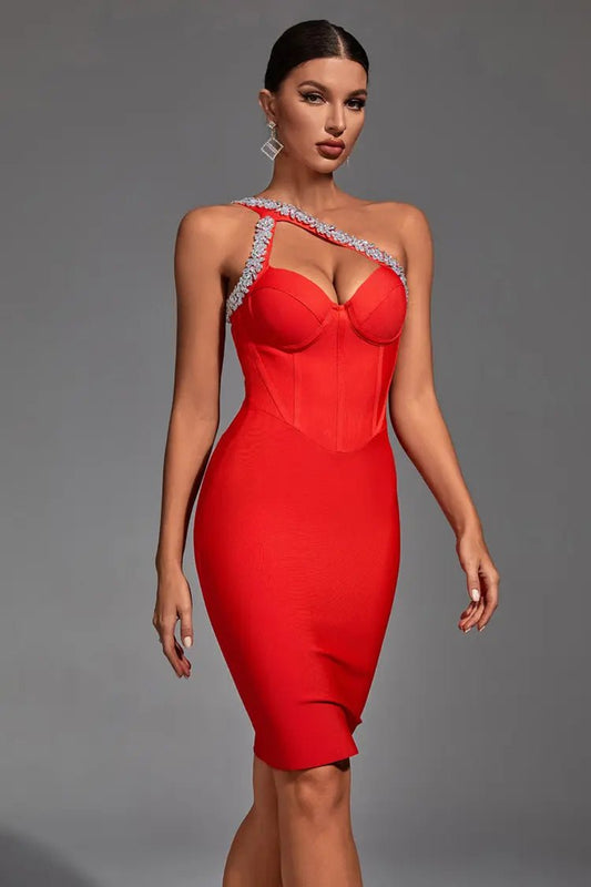 Radiance One - Shoulder Diamond Dress by Luxe Lane | from Luxe Lane | SKU:  | Barcode:  | Options: Red XS | Radiance One - Shoulder Diamond Dress