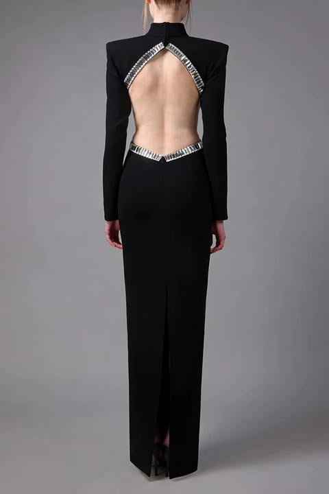 Radiant Backless Rhinestone Dress by Luxe Lane | from Luxe Lane | SKU:  | Barcode:  | Options: Black XS | Elegant Half High Stand Bandage Evening Party Dress With Rhinestone Black Backless Long Women Dress