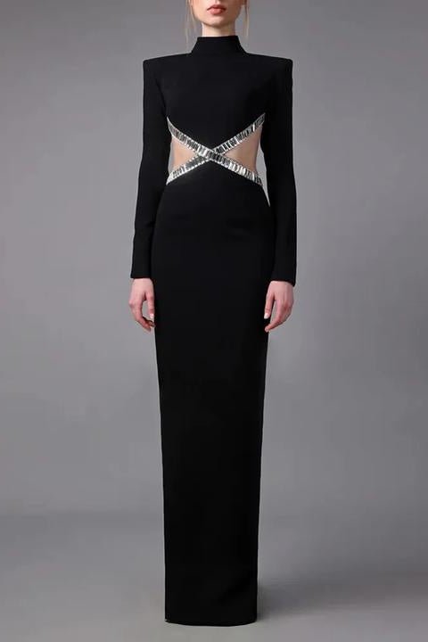 Radiant Backless Rhinestone Dress by Luxe Lane | from Luxe Lane | SKU:  | Barcode:  | Options: Black XS | Elegant Half High Stand Bandage Evening Party Dress With Rhinestone Black Backless Long Women Dress