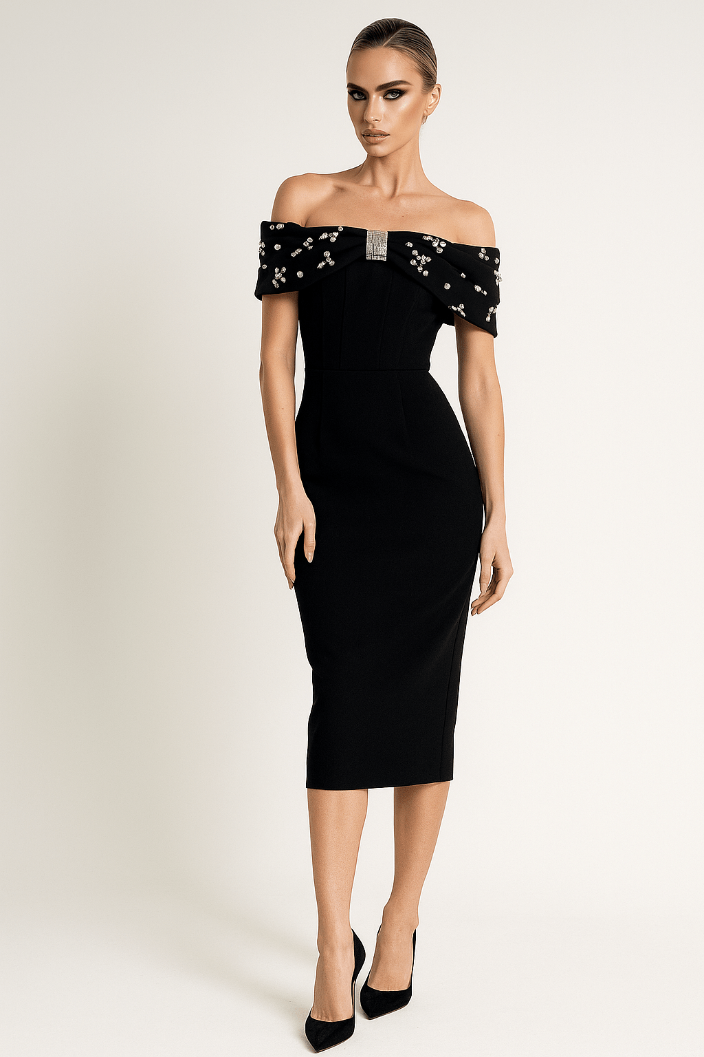 Radiant Bow Midi Dress – Off - Shoulder by Shine | heath gown from Luxe Lane | SKU:  | Barcode:  | Options: Black S | Radiant Bow Midi Dress – Off - Shoulder