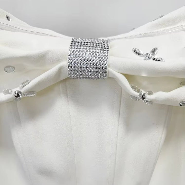 Radiant Bow Midi Dress – Off - Shoulder by Shine | heath gown from Luxe Lane | SKU:  | Barcode:  | Options: White S | Wholesale Womens Clothing Luxury White Midi Evening Dresses Women Off the Shoulder Rhinestone Bow Elegant Party Formal Gown