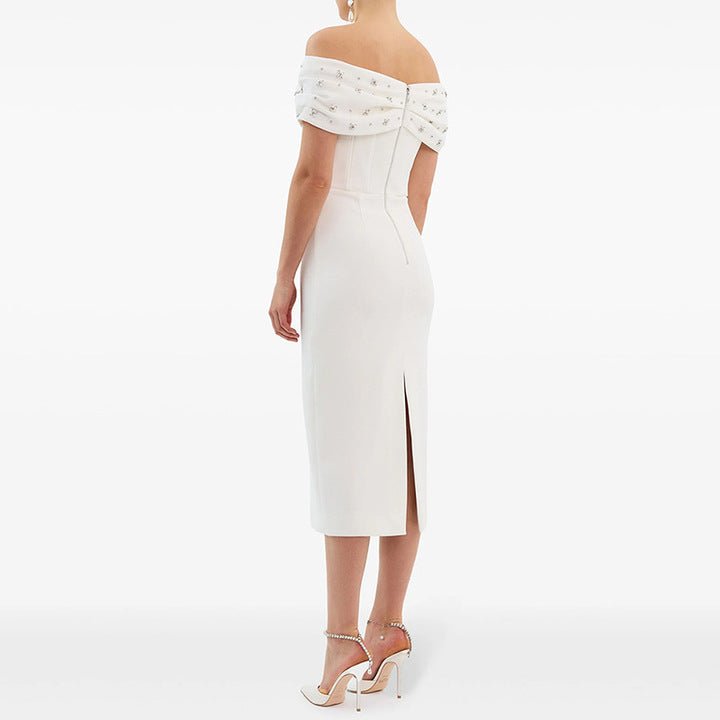 Radiant Bow Midi Dress – Off - Shoulder by Shine | heath gown from Luxe Lane | SKU:  | Barcode:  | Options: White S | Wholesale Womens Clothing Luxury White Midi Evening Dresses Women Off the Shoulder Rhinestone Bow Elegant Party Formal Gown