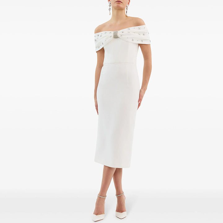 Radiant Bow Midi Dress – Off - Shoulder by Shine | heath gown from Luxe Lane | SKU:  | Barcode:  | Options: White S | Wholesale Womens Clothing Luxury White Midi Evening Dresses Women Off the Shoulder Rhinestone Bow Elegant Party Formal Gown