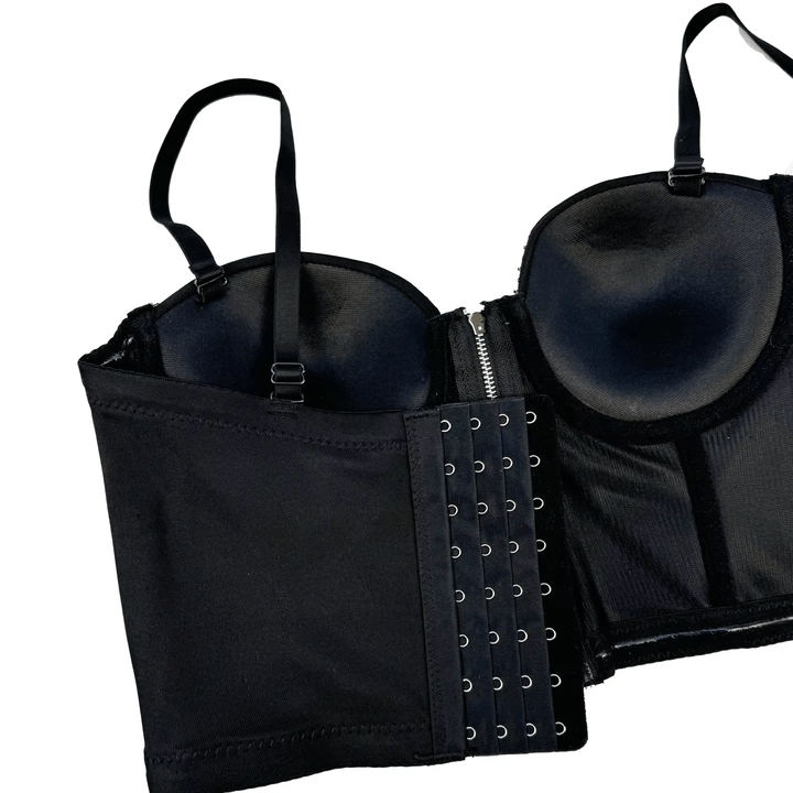 Ravelle Rhinestone Bustier Top in Noir by Montessa | TANK TOPS from Luxe Lane | SKU:  | Barcode:  | Options: Black 34B/75 | High Quality Women Black Sling Rhinestone Fringe Zipper Bustier Top Fashion Party Clubwear Corset