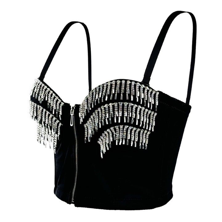 Ravelle Rhinestone Bustier Top in Noir by Montessa | TANK TOPS from Luxe Lane | SKU:  | Barcode:  | Options: Black 34B/75 | High Quality Women Black Sling Rhinestone Fringe Zipper Bustier Top Fashion Party Clubwear Corset