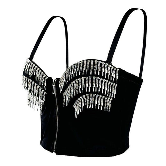 Ravelle Rhinestone Bustier Top in Noir by Montessa | TANK TOPS from Luxe Lane | SKU:  | Barcode:  | Options: Black 34B/75 | High Quality Women Black Sling Rhinestone Fringe Zipper Bustier Top Fashion Party Clubwear Corset