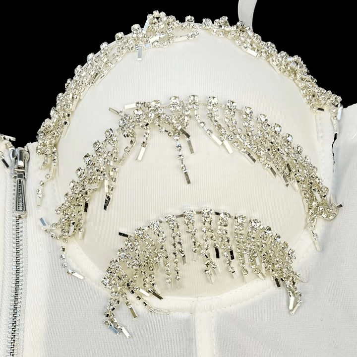 Ravelle Rhinestone Bustier Top in Noir by Montessa | TANK TOPS from Luxe Lane | SKU:  | Barcode:  | Options: Black 34B/75 | High Quality Women Black Sling Rhinestone Fringe Zipper Bustier Top Fashion Party Clubwear Corset