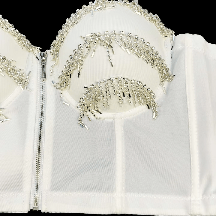 Ravelle Rhinestone Bustier Top in Noir by Montessa | TANK TOPS from Luxe Lane | SKU:  | Barcode:  | Options: Black 34B/75 | High Quality Women Black Sling Rhinestone Fringe Zipper Bustier Top Fashion Party Clubwear Corset