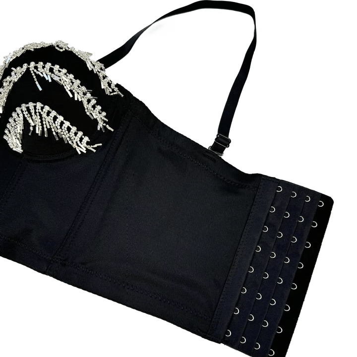 Ravelle Rhinestone Bustier Top in Noir by Montessa | TANK TOPS from Luxe Lane | SKU:  | Barcode:  | Options: Black 34B/75 | High Quality Women Black Sling Rhinestone Fringe Zipper Bustier Top Fashion Party Clubwear Corset