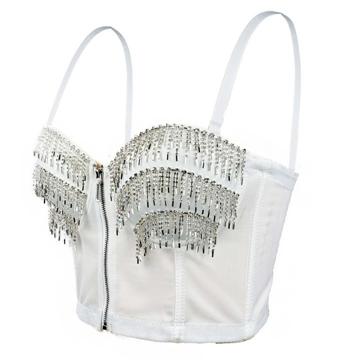 Ravelle Rhinestone Bustier Top in Noir by Montessa | TANK TOPS from Luxe Lane | SKU:  | Barcode:  | Options: Black 34B/75 | High Quality Women Black Sling Rhinestone Fringe Zipper Bustier Top Fashion Party Clubwear Corset