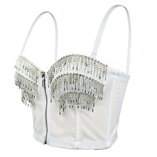 Ravelle Rhinestone Bustier Top in Noir by Montessa | TANK TOPS from Luxe Lane | SKU:  | Barcode:  | Options: Black 34B/75 | High Quality Women Black Sling Rhinestone Fringe Zipper Bustier Top Fashion Party Clubwear Corset