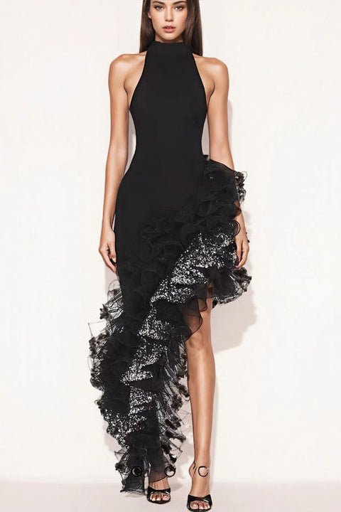 Ravena Luxe One - Shoulder Dress by Luxe Lane | heath gown from Luxe Lane | SKU:  | Barcode:  | Options: Black S | Luxury Black Evening Dresses Asymmetrical Ruffled Sequin Sleeveless Club Dress Party Maxi Outfit Robes Lgantes Pour Femmes