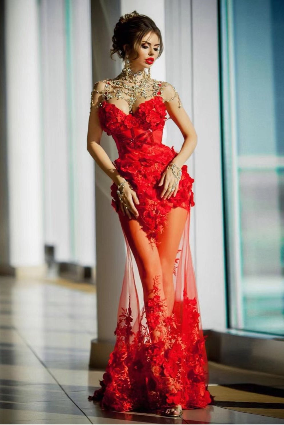 Red Embroidered Evening Elegance by Luxe Lane | from Luxe Lane | SKU:  | Barcode:  | Options: Red S | New Arrivals Evening Dresses Red Lace 3D Floral Strapless Party Dresses Floor Length Gown