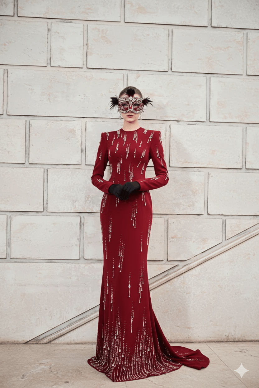 Red Rhinestone Long Sleeve Maxi Evening Gown by Luxe Lane | Party dresses from Luxe Lane | SKU: W11318-1 | Barcode:  | Options: Red S(6) | Woman in a red evening gown with a textured pattern against a light stone wall.