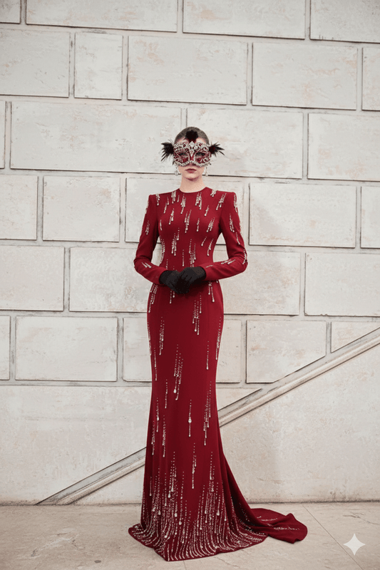 Red Rhinestone Long Sleeve Maxi Evening Gown by Luxe Lane | Party dresses from Luxe Lane | SKU: W11318-1 | Barcode:  | Options: Red S(6) | Woman in a red evening gown with a textured pattern against a light stone wall.