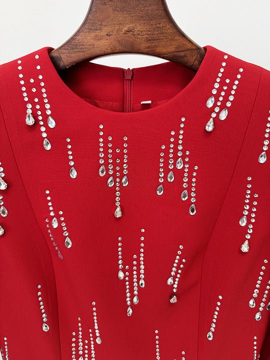 Red Rhinestone Long Sleeve Maxi Evening Gown by Luxe Lane | Party dresses from Luxe Lane | SKU: W11318-1 | Barcode:  | Options: Red S(6) | Custom OEM Private Label Factory Wholesale Luxury Red Long Sleeve Rhinestone Maxi Dresses Elegant Formal Evening Gown for Women