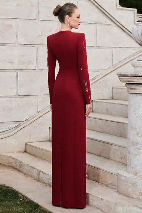 Red Rhinestone Long Sleeve Maxi Evening Gown by Luxe Lane | Party dresses from Luxe Lane | SKU: W11318-1 | Barcode:  | Options: Red S(6) | Custom OEM Private Label Factory Wholesale Luxury Red Long Sleeve Rhinestone Maxi Dresses Elegant Formal Evening Gown for Women