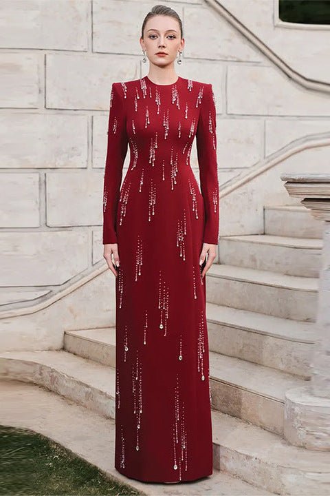 Red Rhinestone Long Sleeve Maxi Evening Gown by Luxe Lane | Party dresses from Luxe Lane | SKU: W11318-1 | Barcode:  | Options: Red S(6) | Custom OEM Private Label Factory Wholesale Luxury Red Long Sleeve Rhinestone Maxi Dresses Elegant Formal Evening Gown for Women