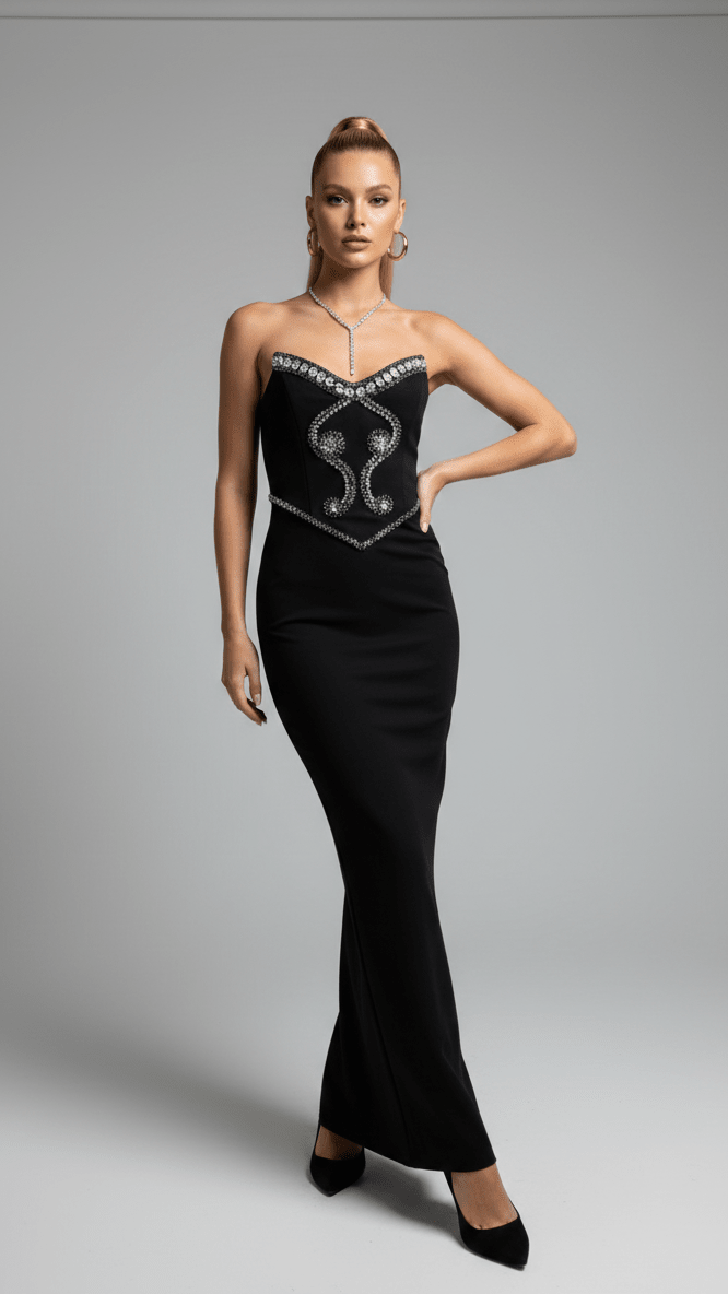 Rhinestone Beaded V - Neck Bandage Evening GownParty dressesBlackXS(4)Luxe Lane