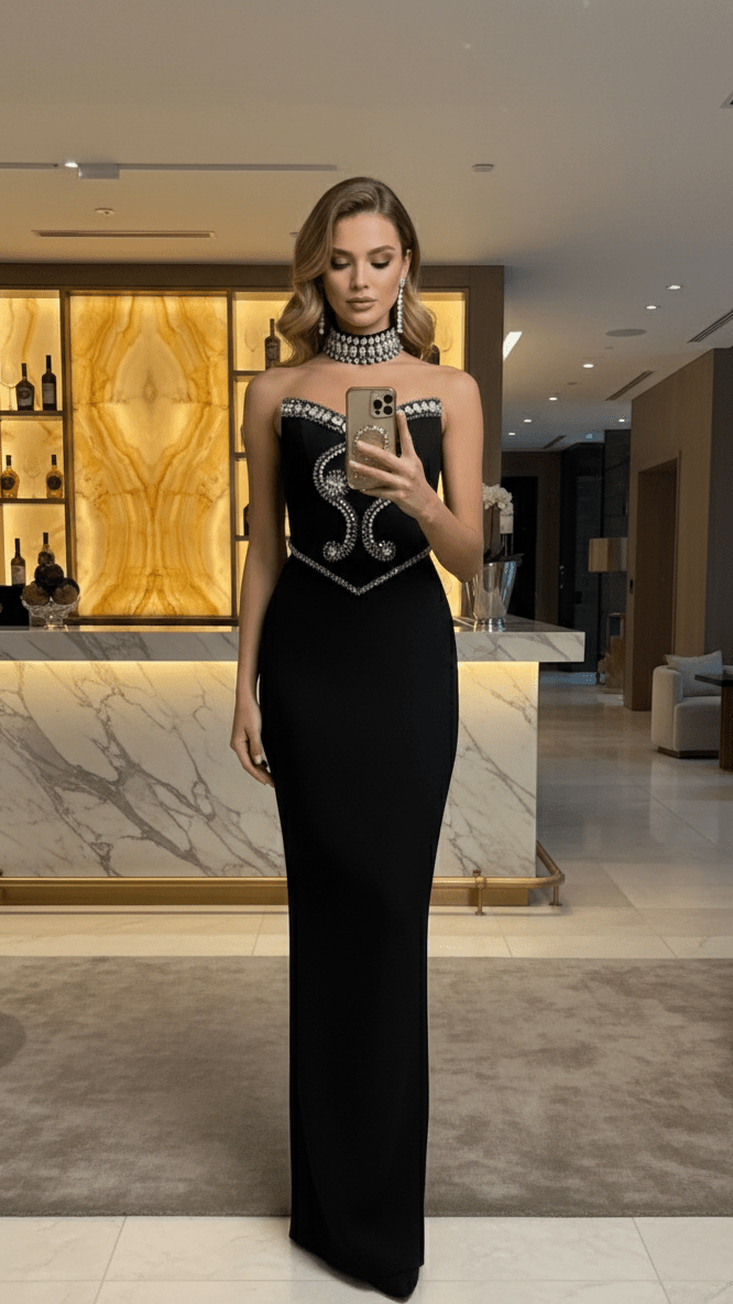 Rhinestone Beaded V - Neck Bandage Evening GownParty dressesBlackXS(4)Luxe Lane