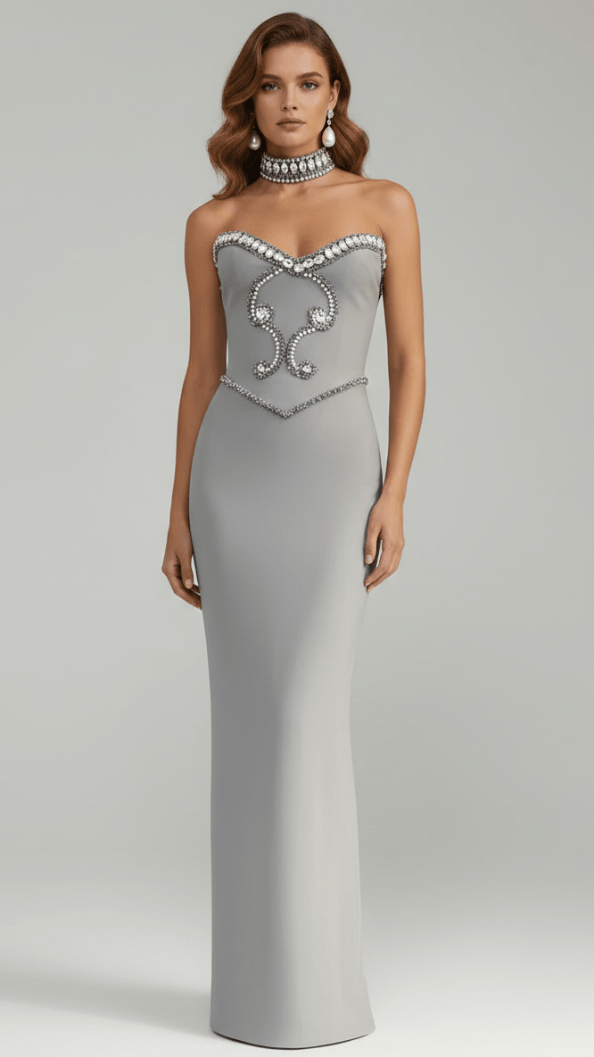 Rhinestone Beaded V - Neck Bandage Evening GownParty dressesGreyXS(4)Luxe Lane