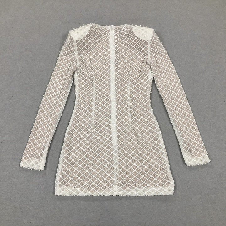 Rhinestone Bow Grid Mini Dress by Shine | from Luxe Lane | SKU: -1 | Barcode:  | Options: Apricot S(2) | High End Clothing Manufacturer White Grid Pattern Womens Party Wear Long Sleeve Mini Dress with Rhinestone Black Bowknot