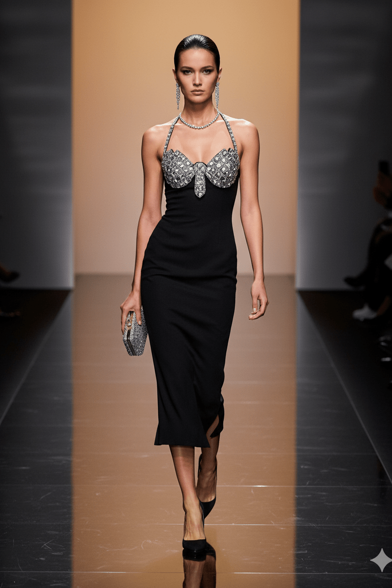 Rhinestone Butterfly Halter Bandage Maxi Dress by Luxe Lane | heath gown from Luxe Lane | SKU: -1 | Barcode:  | Options: Black XS(4) | Model wearing a black dress with silver embellishments on a runway.