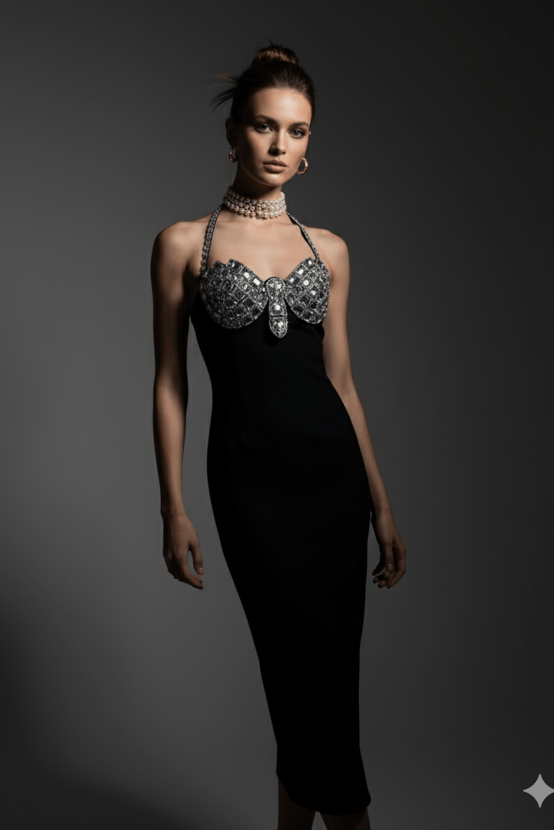Rhinestone Butterfly Halter Bandage Maxi Dress by Luxe Lane | heath gown from Luxe Lane | SKU: -1 | Barcode:  | Options: Black XS(4) | Model wearing a black dress with intricate silver detailing on a gray background