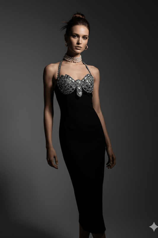 Rhinestone Butterfly Halter Bandage Maxi Dress by Luxe Lane | heath gown from Luxe Lane | SKU: -1 | Barcode:  | Options: Black XS(4) | Model wearing a black dress with intricate silver detailing on a gray background