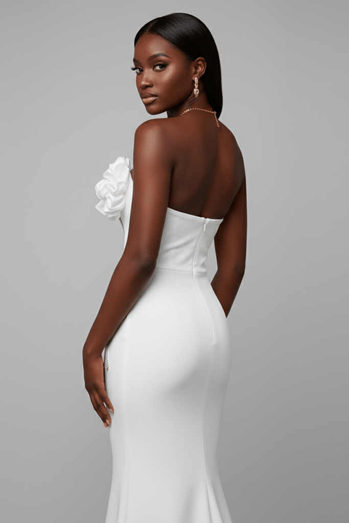 Rhinestone Chain Off - Shoulder Mermaid Evening Dress by Luxe Lane | mermaid gown from Luxe Lane | SKU: -5 | Barcode:  | Options: White XS(4) | Rhinestone Chain Off - Shoulder Mermaid Evening Dress