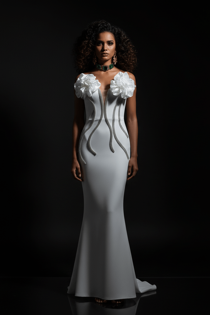 Rhinestone Chain Off - Shoulder Mermaid Evening Dress by Luxe Lane | mermaid gown from Luxe Lane | SKU: -5 | Barcode:  | Options: White XS(4) | Rhinestone Chain Off - Shoulder Mermaid Evening Dress