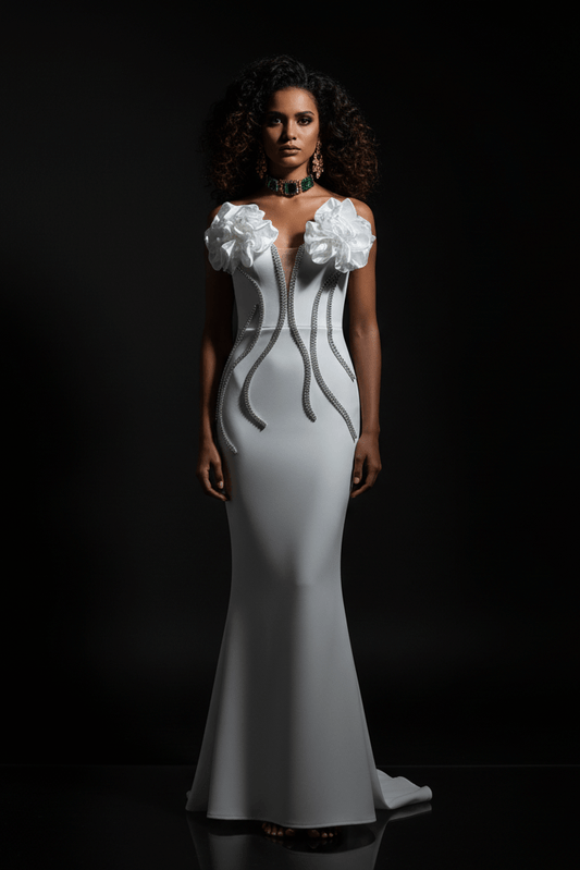 Rhinestone Chain Off - Shoulder Mermaid Evening Dress by Luxe Lane | mermaid gown from Luxe Lane | SKU: -5 | Barcode:  | Options: White XS(4) | Rhinestone Chain Off - Shoulder Mermaid Evening Dress