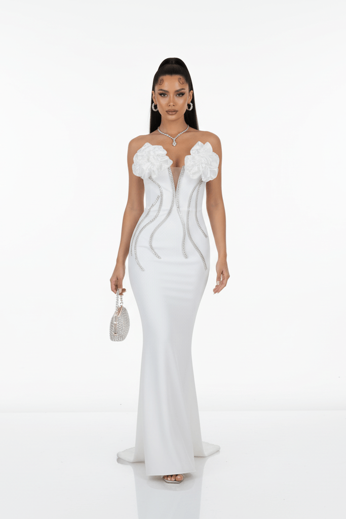 Rhinestone Chain Off - Shoulder Mermaid Evening Dress by Luxe Lane | mermaid gown from Luxe Lane | SKU: -5 | Barcode:  | Options: White XS(4) | Woman wearing a white evening gown with floral details on a white background