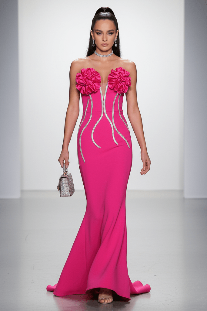 Rhinestone Chain Off - Shoulder Mermaid Evening Dress by Luxe Lane | mermaid gown from Luxe Lane | SKU:  | Barcode:  | Options: Fuchsia XS(4) | Rhinestone Chain Off - Shoulder Mermaid Evening Dress