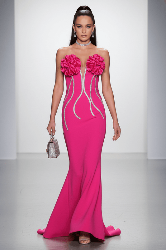 Rhinestone Chain Off - Shoulder Mermaid Evening Dress by Luxe Lane | mermaid gown from Luxe Lane | SKU:  | Barcode:  | Options: Fuchsia XS(4) | Rhinestone Chain Off - Shoulder Mermaid Evening Dress