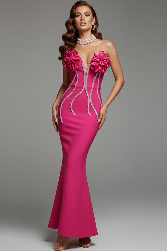 Rhinestone Chain Off - Shoulder Mermaid Evening Dress by Luxe Lane | mermaid gown from Luxe Lane | SKU:  | Barcode:  | Options: Fuchsia XS(4) | Rhinestone Chain Off - Shoulder Mermaid Evening Dress