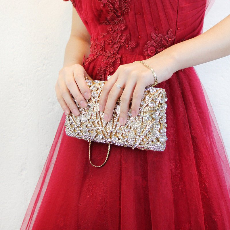 Rhinestone Cutout Diamond Evening Bag by CJ | 0 from Luxe Lane | SKU: CJNS151970001AZ | Barcode:  | Options: Red | Rhinestone Cutout Diamond Evening Bag
