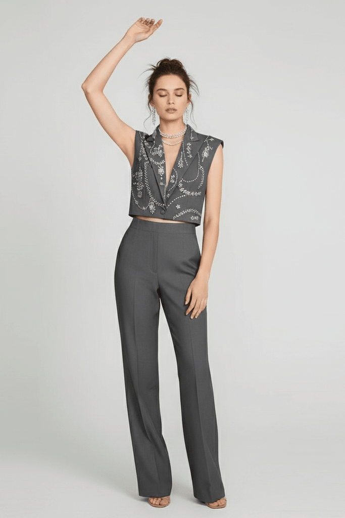 Rhinestone Deep V Sleeveless Cropped Blazer VestBlazerBlackS(6)Luxe Lane