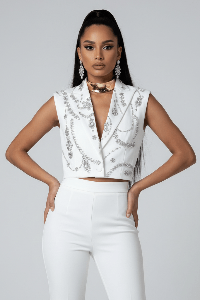 Rhinestone Deep V Sleeveless Cropped Blazer VestBlazerWhiteS(6)Luxe Lane