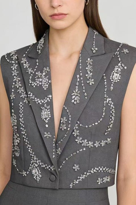 Rhinestone Deep V Sleeveless Cropped Blazer VestBlazerWhiteS(6)Luxe Lane