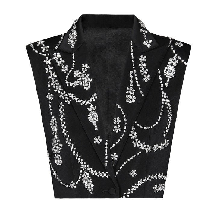 Rhinestone Deep V Sleeveless Cropped Blazer VestBlazerWhiteS(6)Luxe Lane