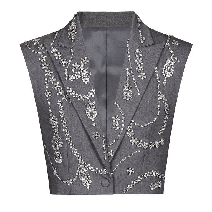 Rhinestone Deep V Sleeveless Cropped Blazer VestBlazerWhiteS(6)Luxe Lane