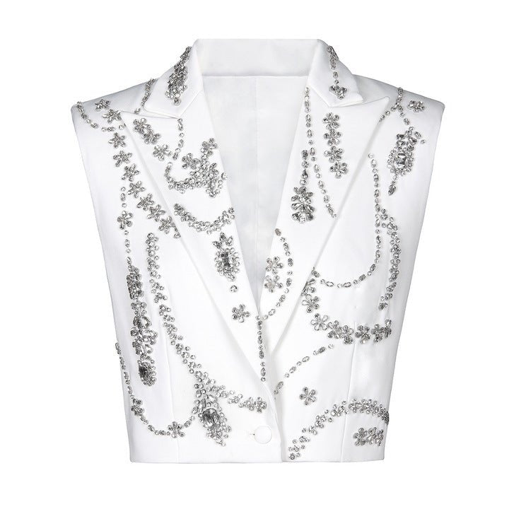 Rhinestone Deep V Sleeveless Cropped Blazer VestBlazerWhiteS(6)Luxe Lane